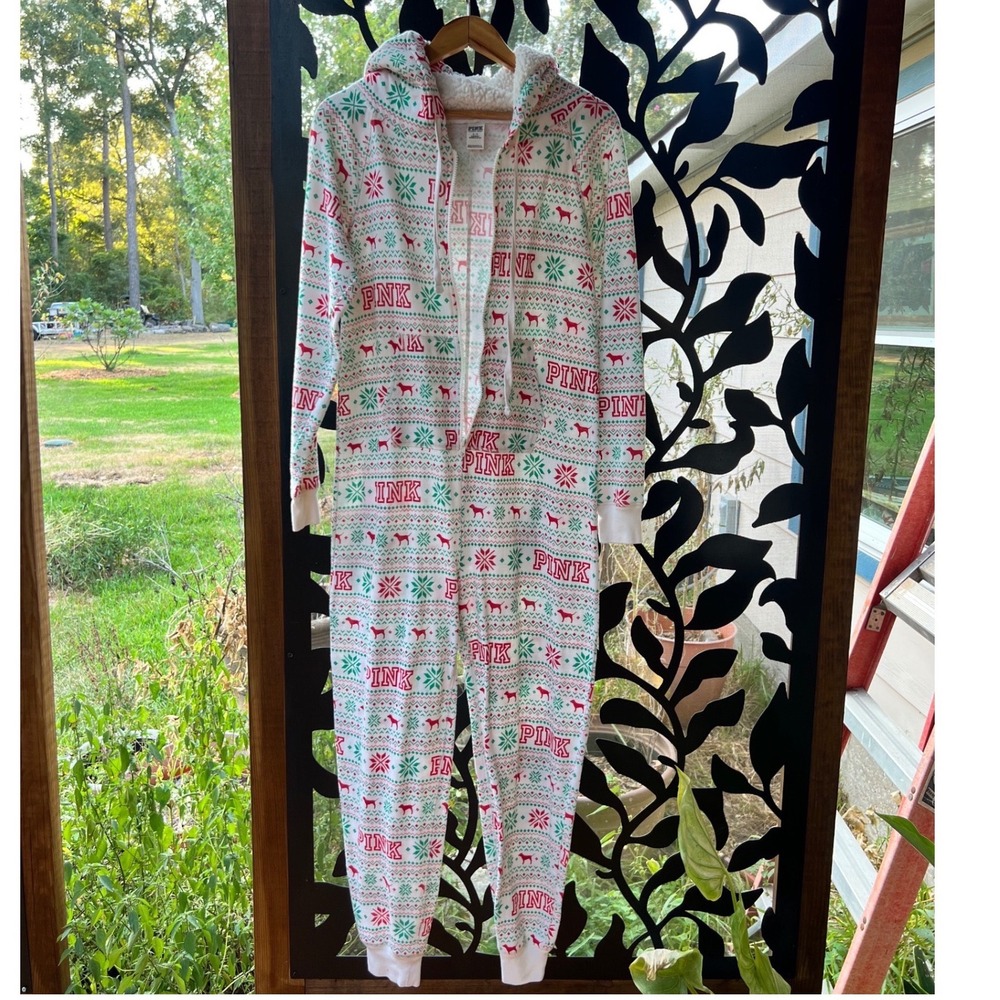 PINK Victoria's Secret Fair Isle Holiday Hooded Union Suit Pajamas Small